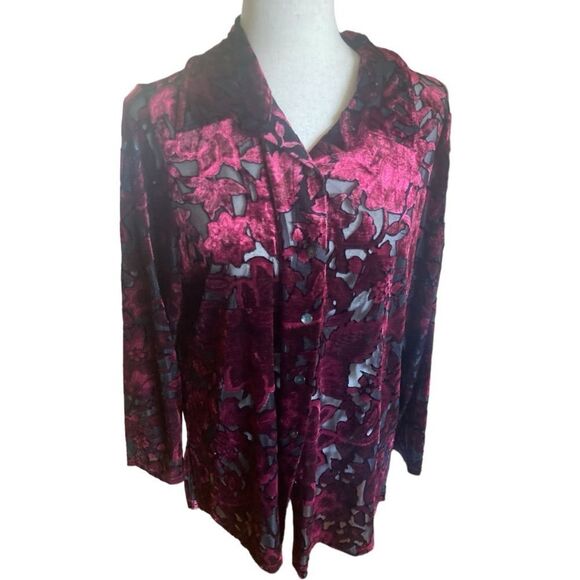 Avenue Maroon Burnout Button Down Blouse - Picture 1 of 5